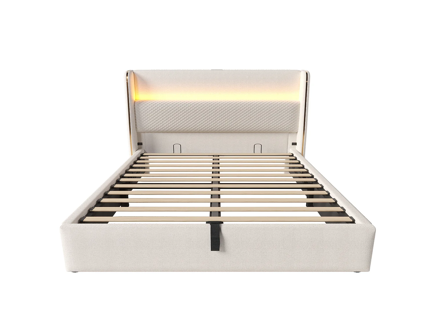 Opbergbed 180 x 200 cm - Volwassen bed met LED-verlichting en USB/Type-C-aansluitingen - beige linnen - matras niet inbegrepen
