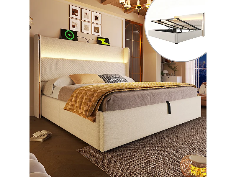 Lit coffre 180 x 200 cm - Lit adulte avec éclairage LED et ports USB/Type-C - lin beige - matelas non inclus