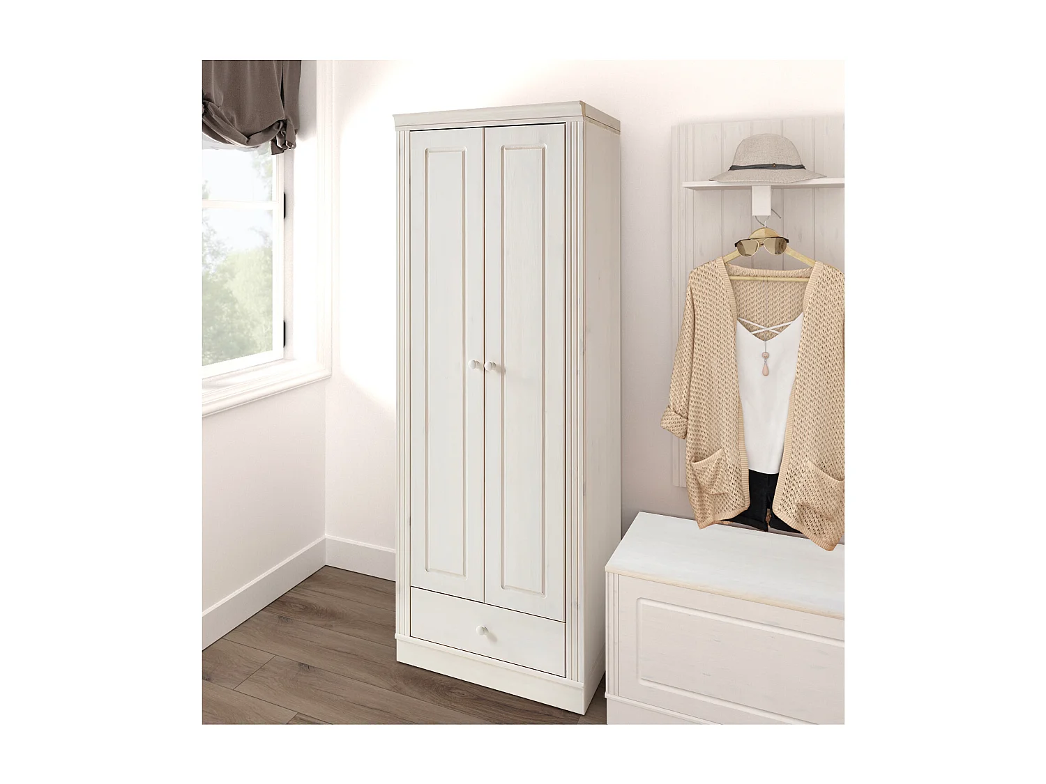 Anita | Armoire en pin blanc avec deux portes et un tiroir