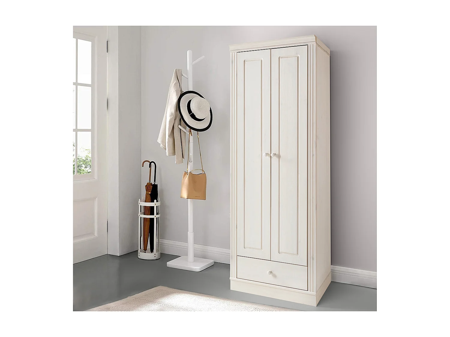 Anita | Armoire en pin blanc avec deux portes et un tiroir