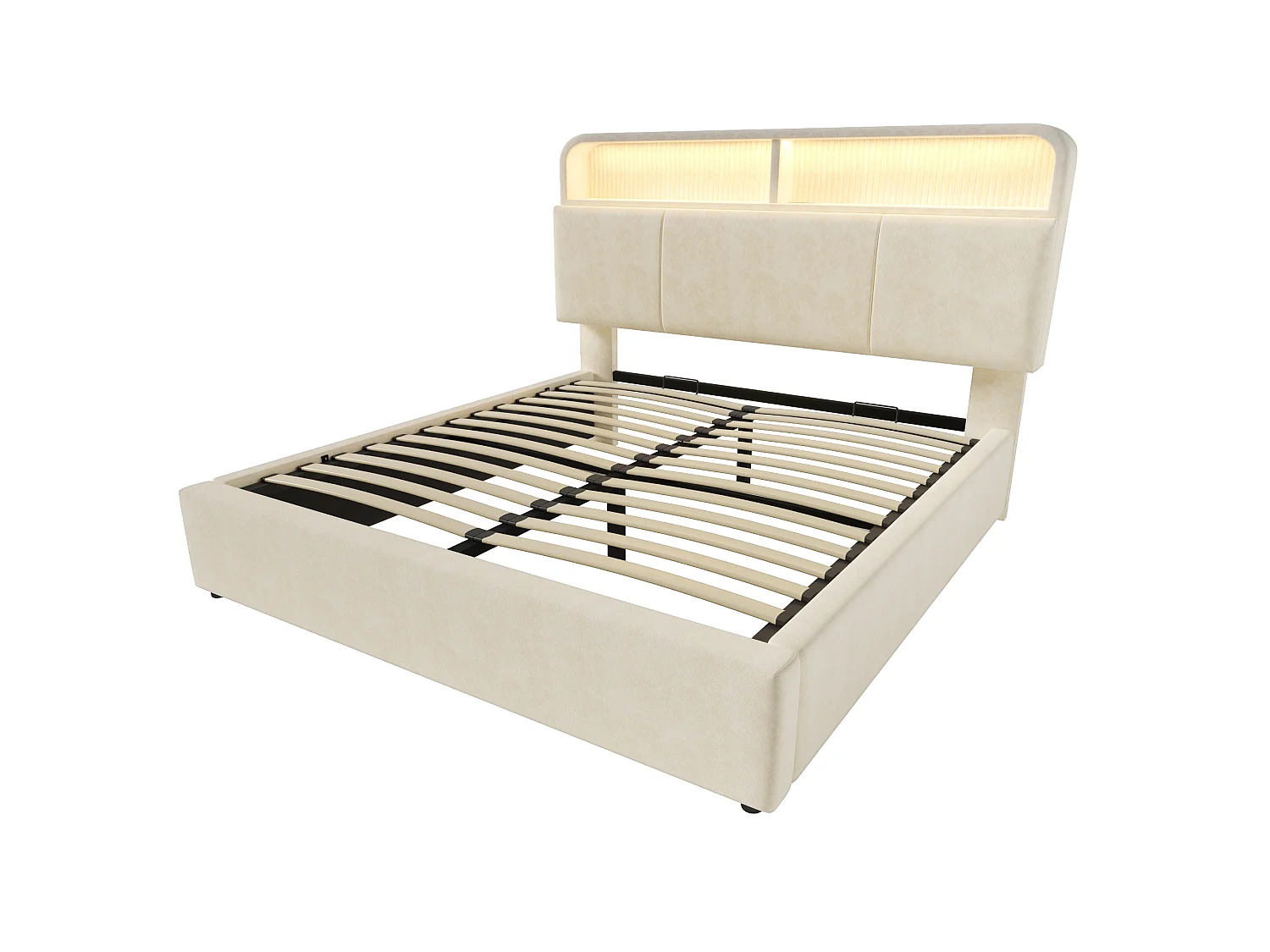 Lit coffre 180 x 200 cm - Lit double avec éclairage LED et espace de rangement - velours beige - matelas non fourni