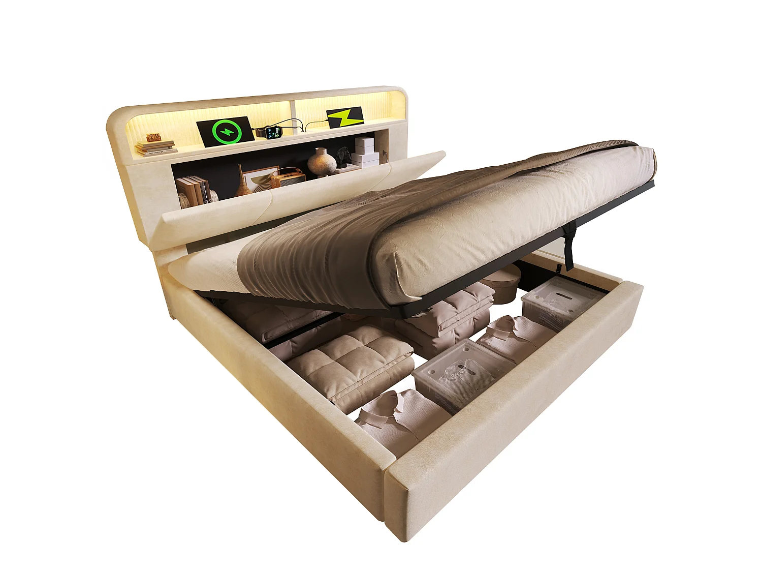 Lit coffre 180 x 200 cm - Lit double avec éclairage LED et espace de rangement - velours beige - matelas non fourni