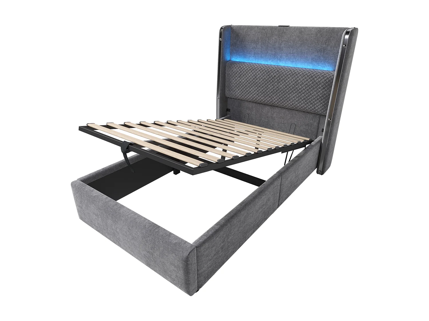 Letto contenitore 90 x 200 cm - Letto singolo con illuminazione a LED e porte USB/Type-C - lino grigio - materasso non incluso