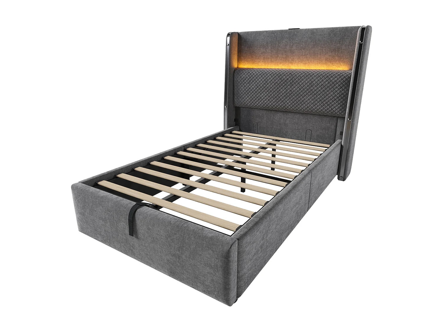 Letto contenitore 90 x 200 cm - Letto singolo con illuminazione a LED e porte USB/Type-C - lino grigio - materasso non incluso