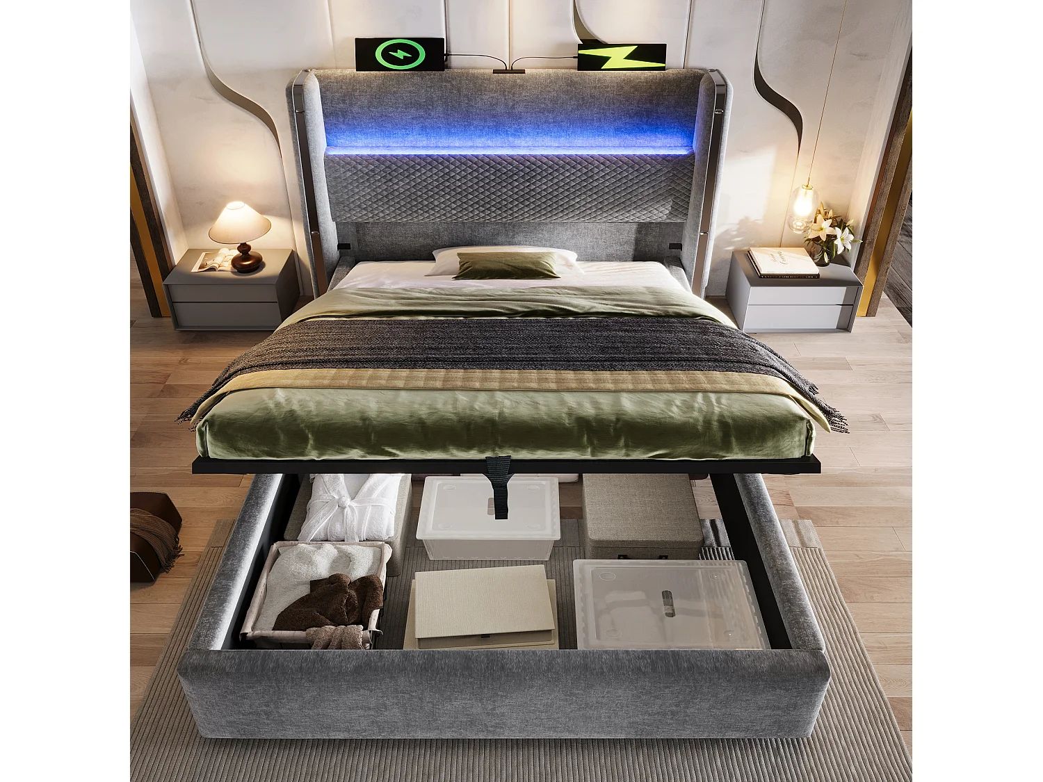 Lit coffre 90 x 200 cm - Lit simple avec éclairage LED et ports USB/Type-C - lin gris - matelas non inclus