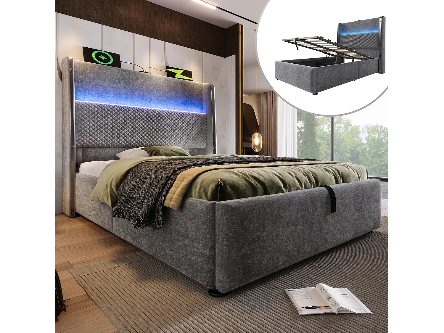 Lit coffre 90 x 200 cm - Lit simple avec éclairage LED et ports USB/Type-C - lin gris - matelas non inclus