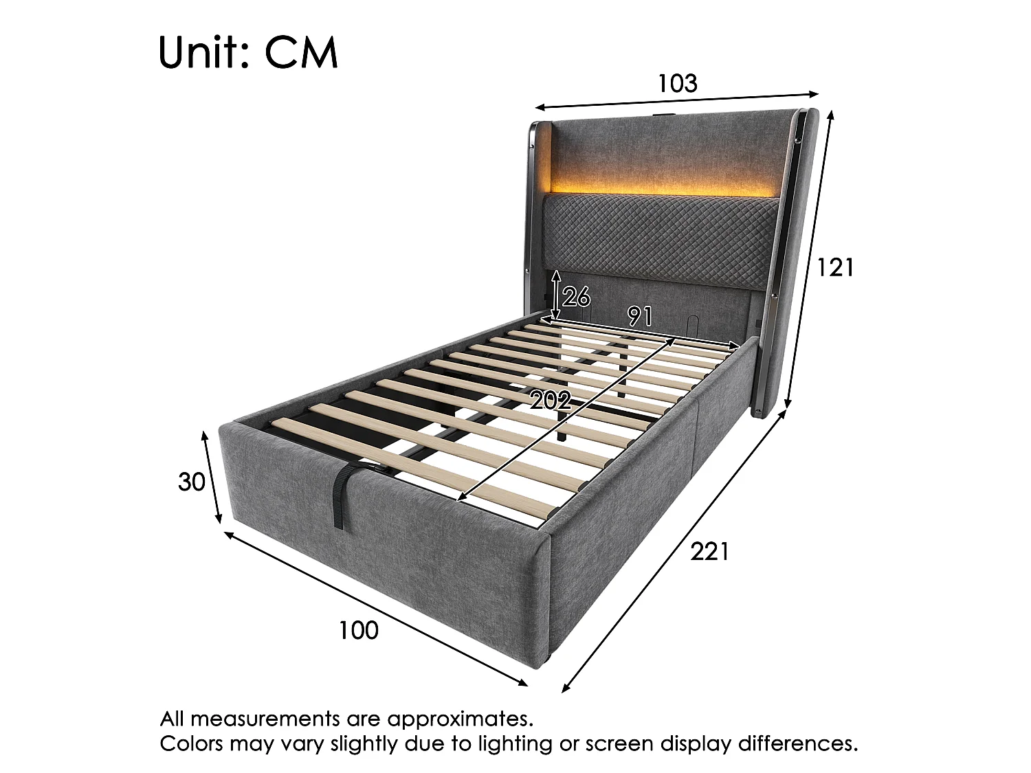 Lit coffre 90 x 200 cm - Lit simple avec éclairage LED et ports USB/Type-C - lin gris - matelas non inclus