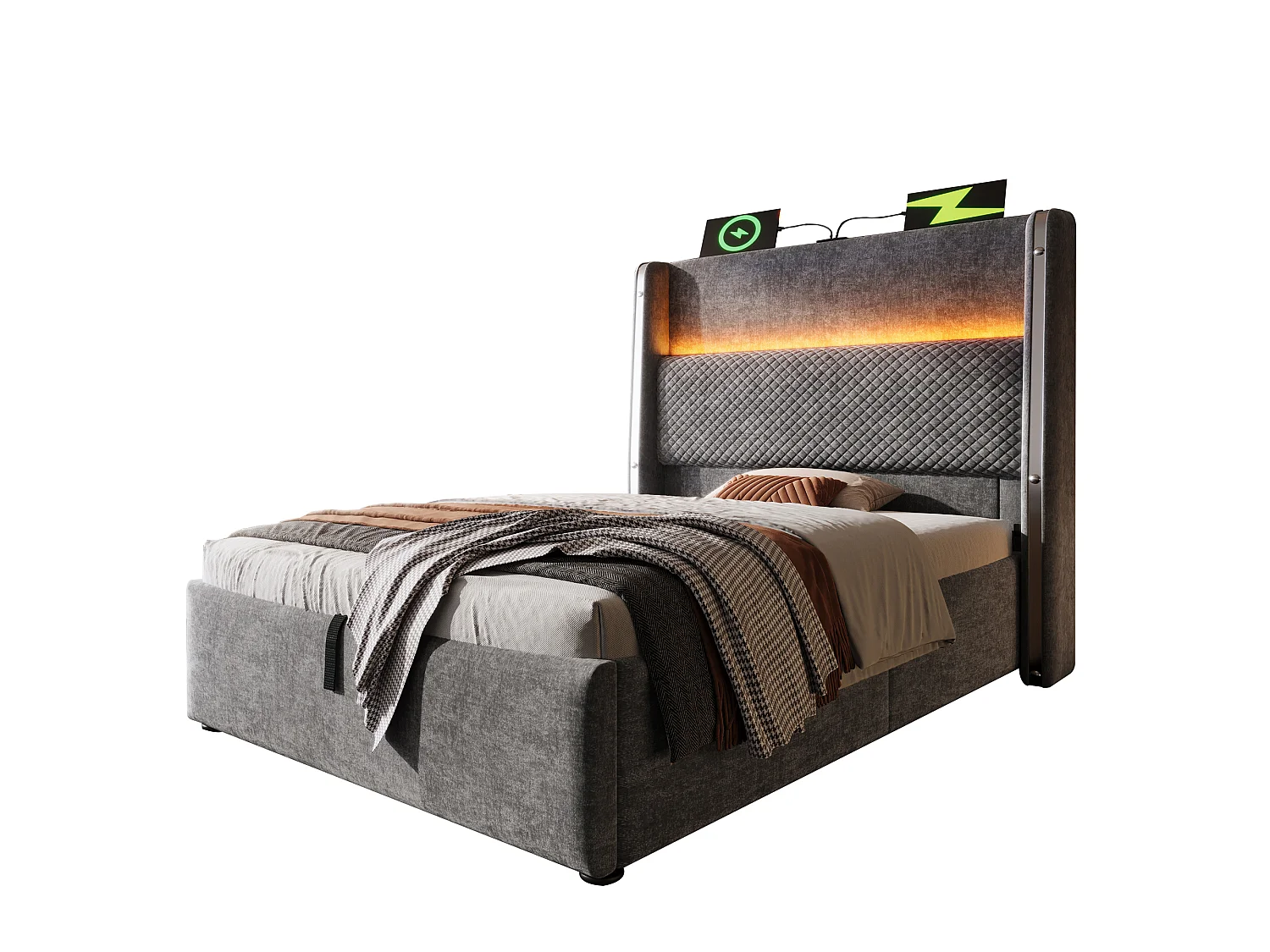 Lit coffre 90 x 200 cm - Lit simple avec éclairage LED et ports USB/Type-C - lin gris - matelas non inclus