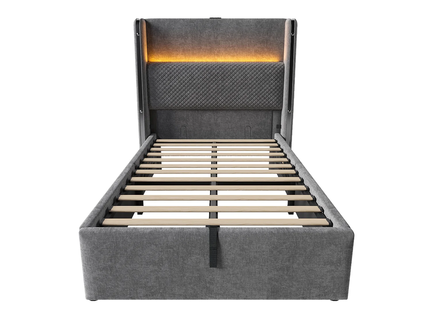Lit coffre 90 x 200 cm - Lit simple avec éclairage LED et ports USB/Type-C - lin gris - matelas non inclus