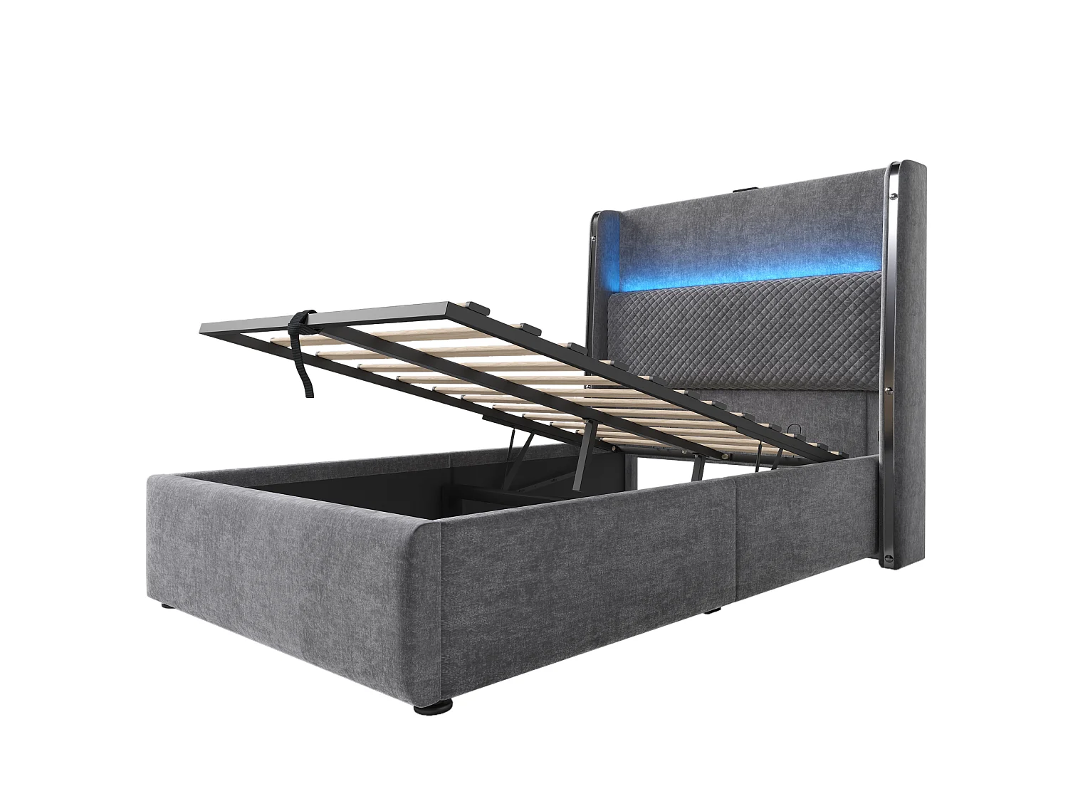 Lit coffre 90 x 200 cm - Lit simple avec éclairage LED et ports USB/Type-C - lin gris - matelas non inclus