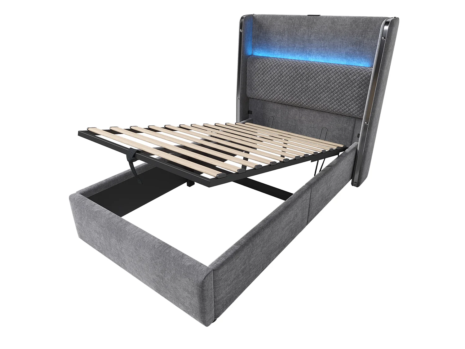 Lit coffre 90 x 200 cm - Lit simple avec éclairage LED et ports USB/Type-C - lin gris - matelas non inclus