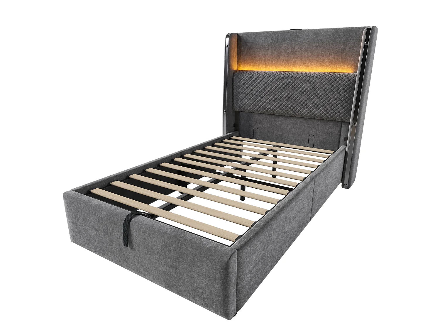 Lit coffre 90 x 200 cm - Lit simple avec éclairage LED et ports USB/Type-C - lin gris - matelas non inclus