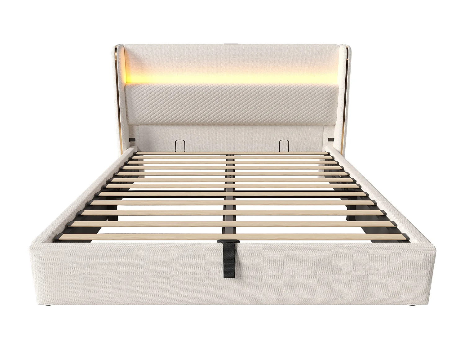 Cama con almacenaje 140 x 200 cm - Cama para adultos con iluminación LED y puertos USB/Tipo-C - ropa de cama color beige - colchón no incluido
