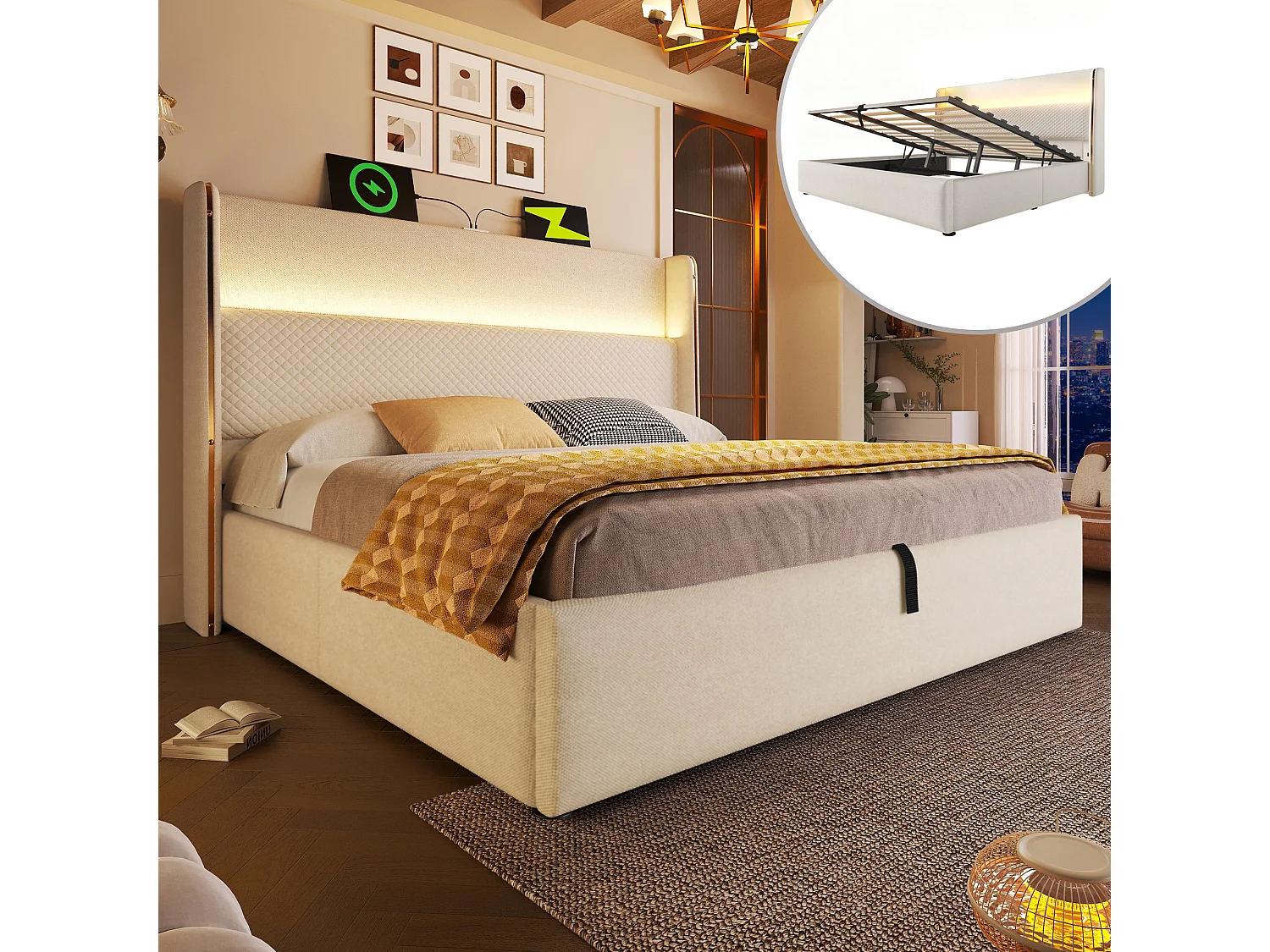 Lit coffre 140 x 200 cm - Lit adulte avec éclairage LED et ports USB/Type-C - lin beige - matelas non inclus