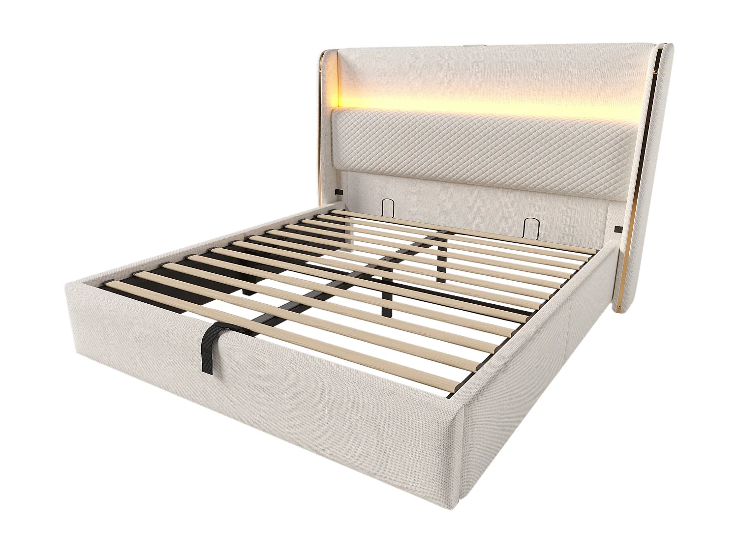 Lit coffre 140 x 200 cm - Lit adulte avec éclairage LED et ports USB/Type-C - lin beige - matelas non inclus