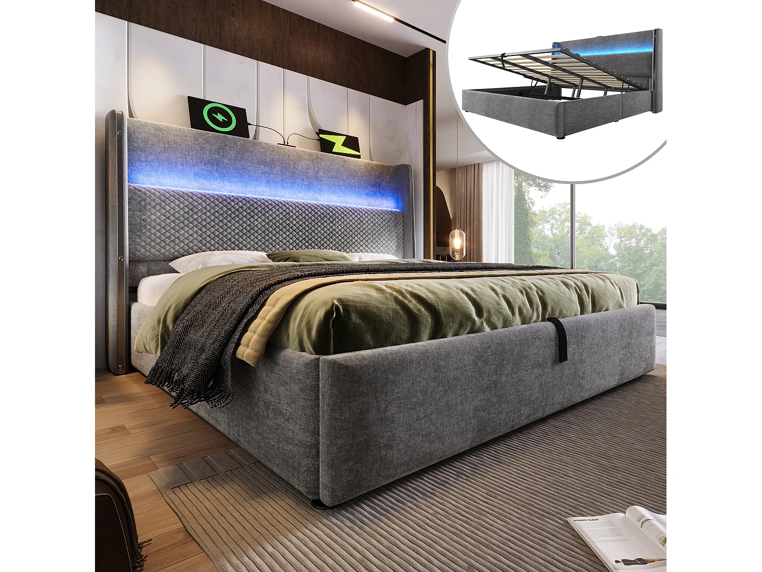 Lit coffre 180 x 200 cm - Lit adulte avec éclairage LED et ports USB/Type-C - lin gris - matelas non inclus