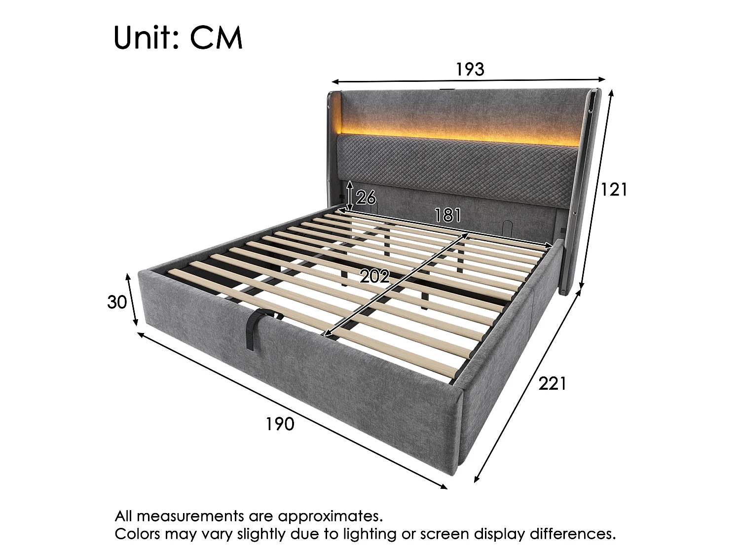 Lit coffre 180 x 200 cm - Lit adulte avec éclairage LED et ports USB/Type-C - lin gris - matelas non inclus