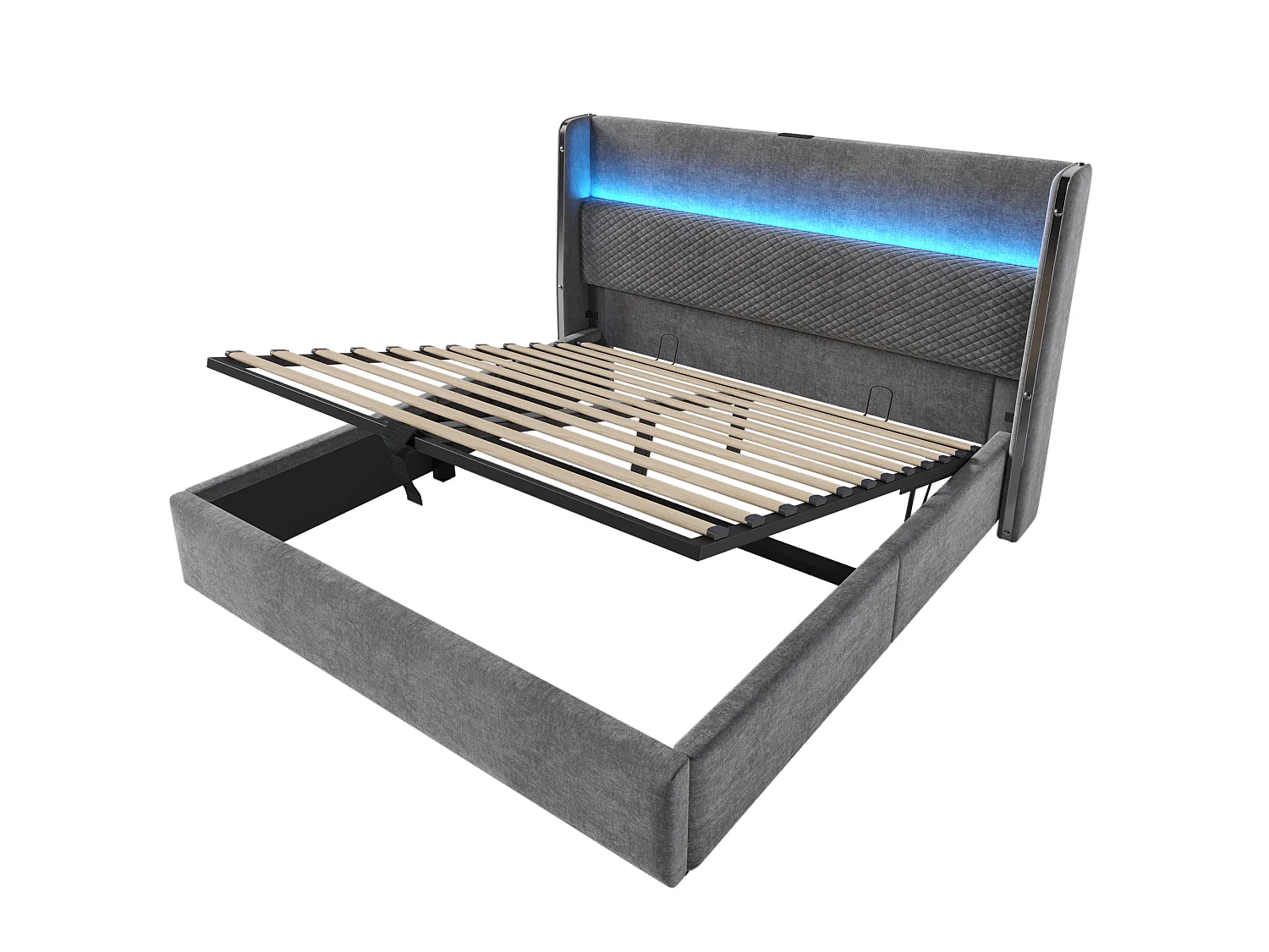 Lit coffre 180 x 200 cm - Lit adulte avec éclairage LED et ports USB/Type-C - lin gris - matelas non inclus