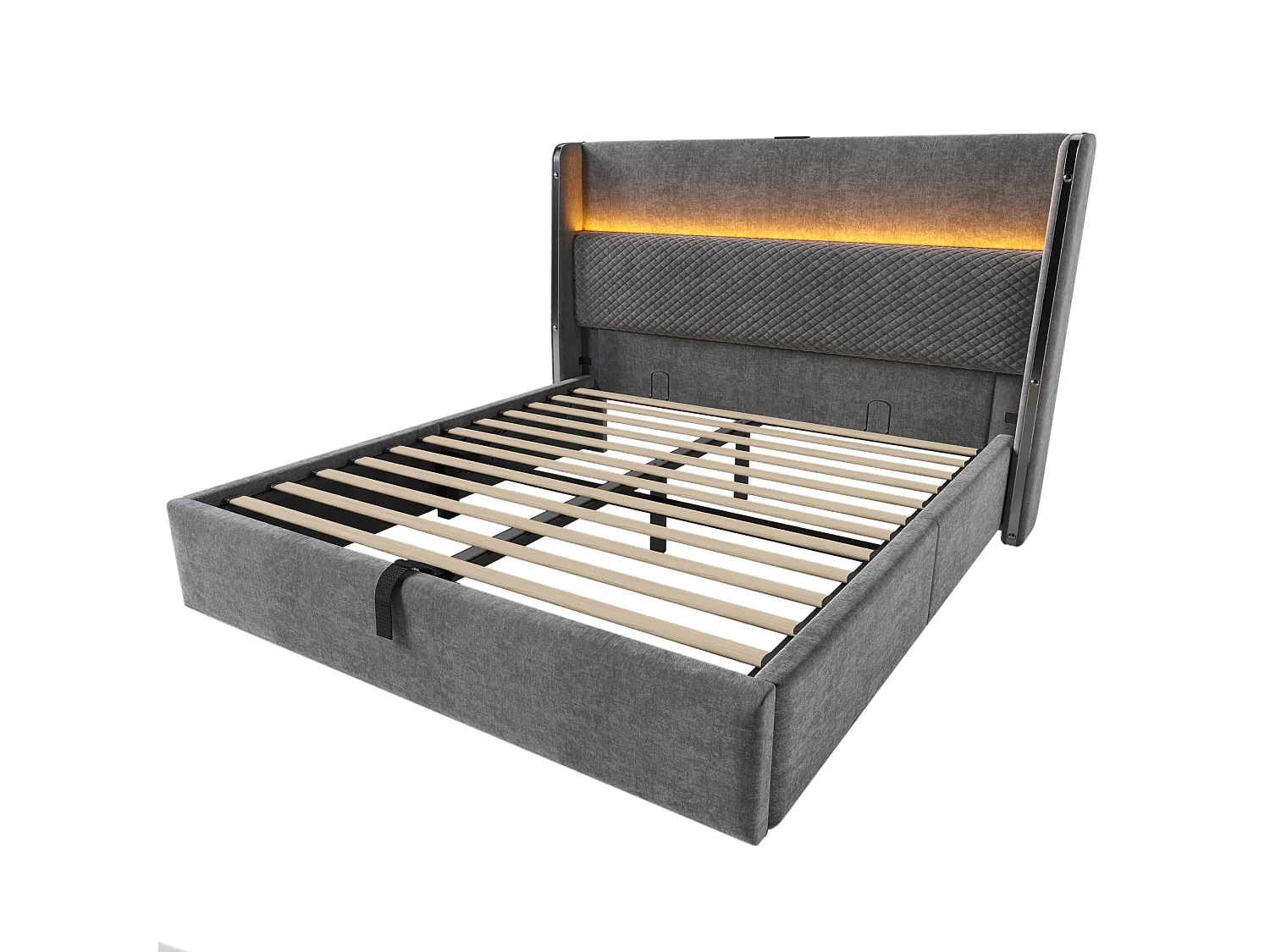 Lit coffre 180 x 200 cm - Lit adulte avec éclairage LED et ports USB/Type-C - lin gris - matelas non inclus