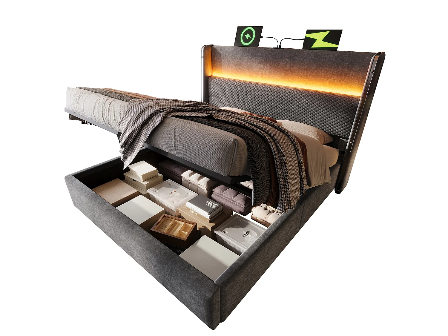Lit coffre 180 x 200 cm - Lit adulte avec éclairage LED et ports USB/Type-C - lin gris - matelas non inclus