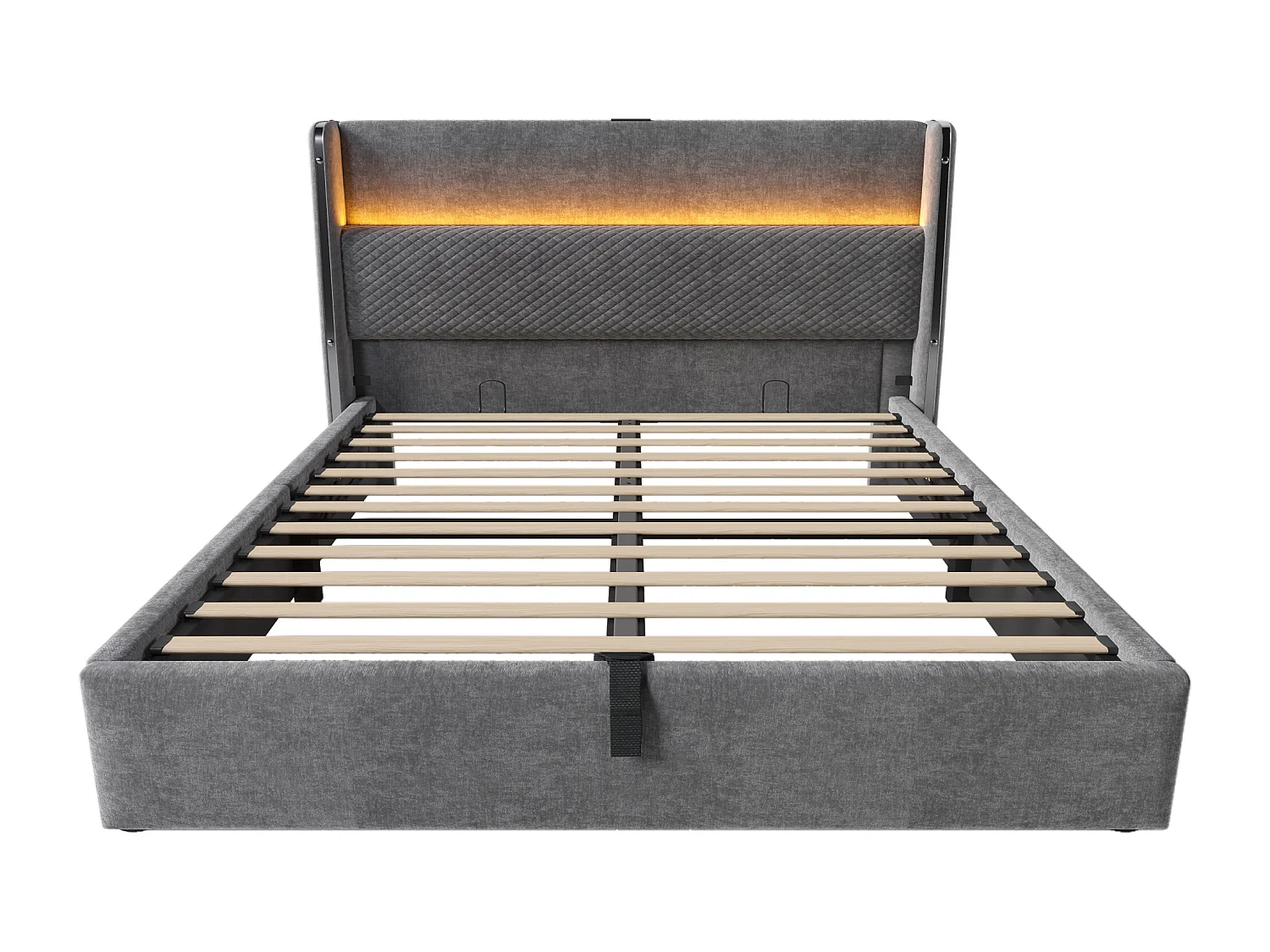 Lit coffre 140 x 200 cm - Lit adulte avec éclairage LED et ports USB/Type-C - lin gris - matelas non inclus