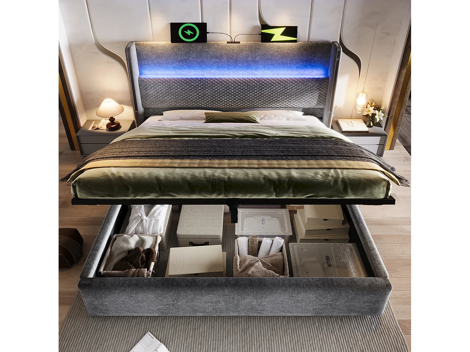 Lit coffre 140 x 200 cm - Lit adulte avec éclairage LED et ports USB/Type-C - lin gris - matelas non inclus