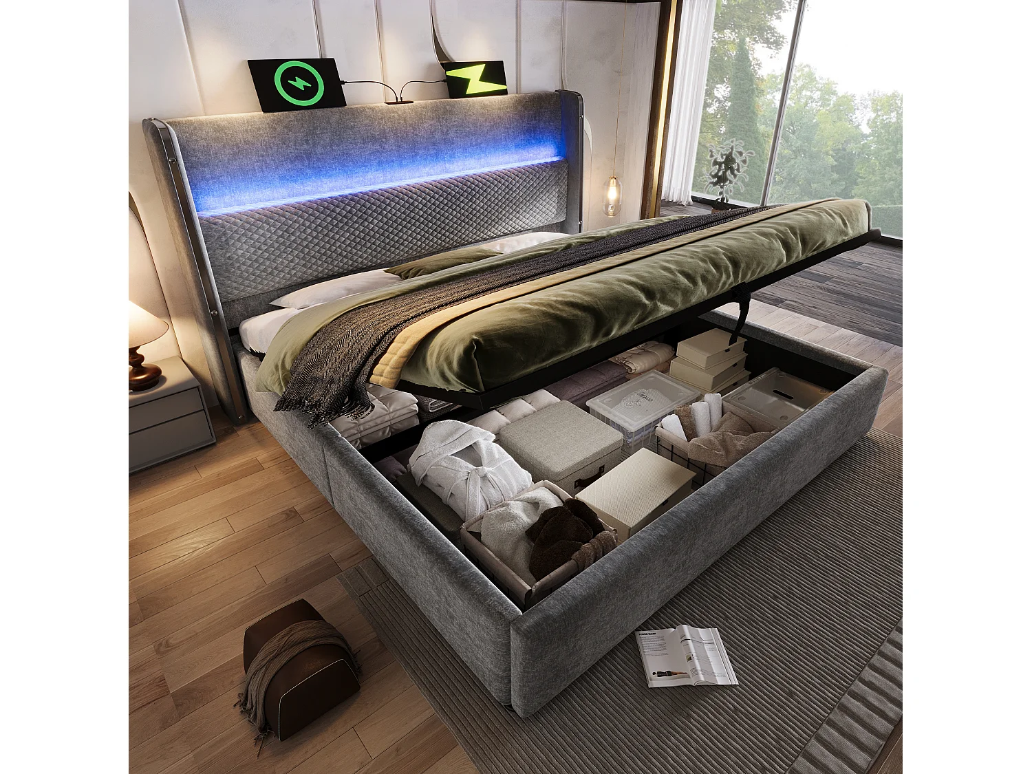 Lit coffre 140 x 200 cm - Lit adulte avec éclairage LED et ports USB/Type-C - lin gris - matelas non inclus