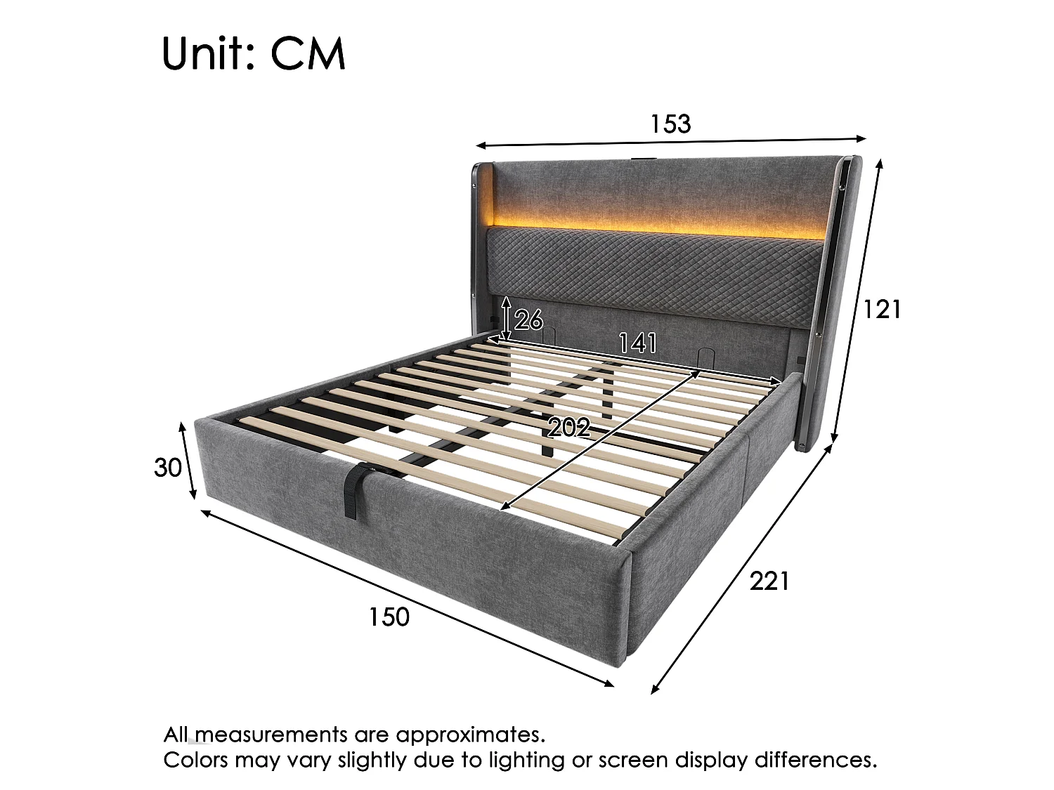 Lit coffre 140 x 200 cm - Lit adulte avec éclairage LED et ports USB/Type-C - lin gris - matelas non inclus