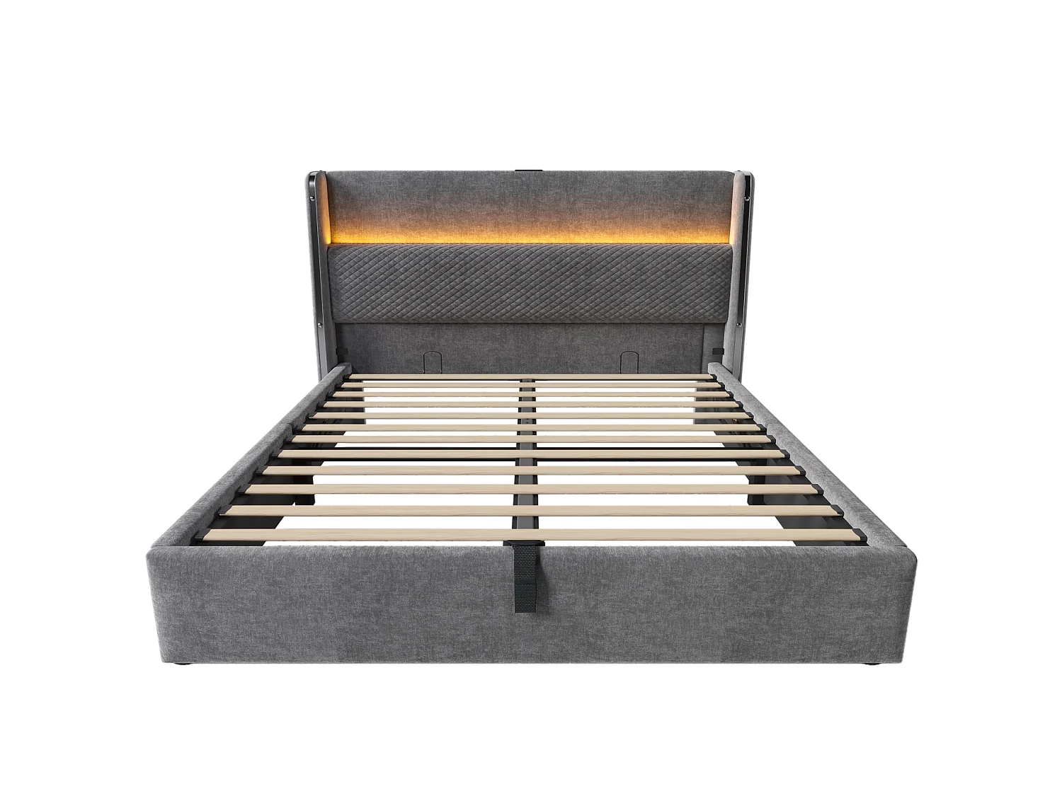 Lit coffre 140 x 200 cm - Lit adulte avec éclairage LED et ports USB/Type-C - lin gris - matelas non inclus