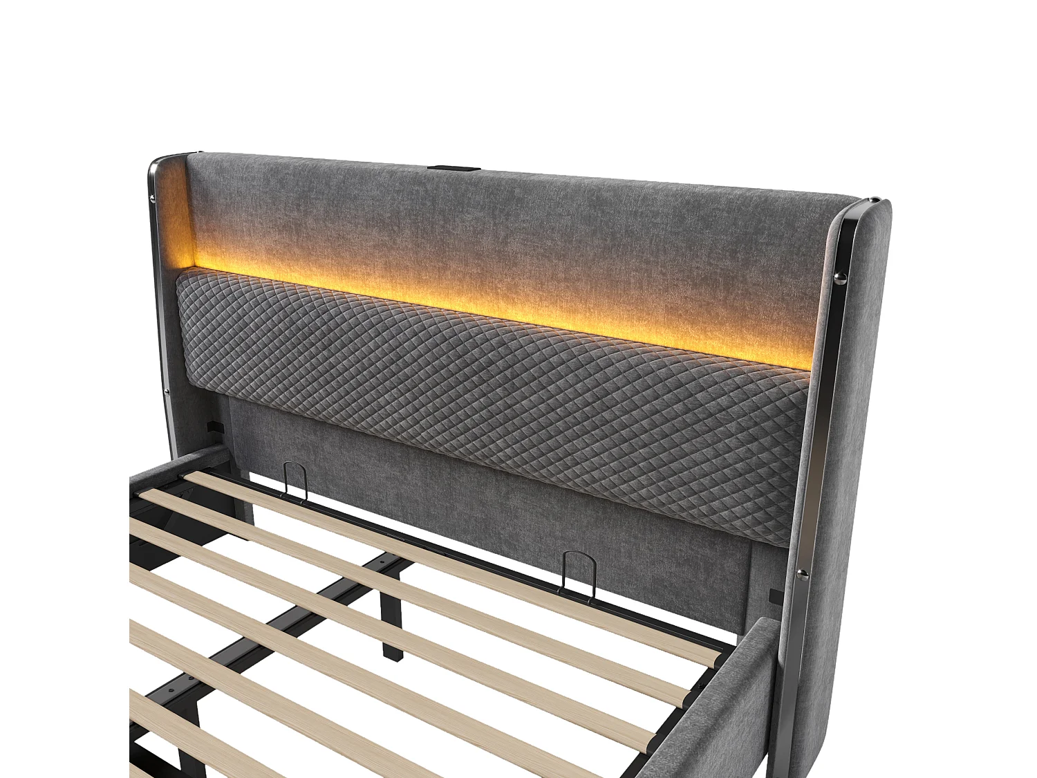 Lit coffre 160 x 200 cm - Lit adulte avec éclairage LED et ports USB/Type-C - lin gris - matelas non inclus