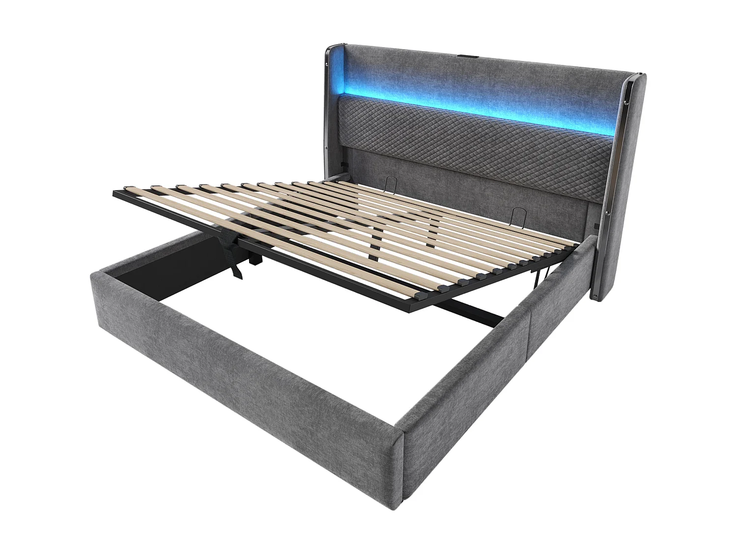 Lit coffre 160 x 200 cm - Lit adulte avec éclairage LED et ports USB/Type-C - lin gris - matelas non inclus