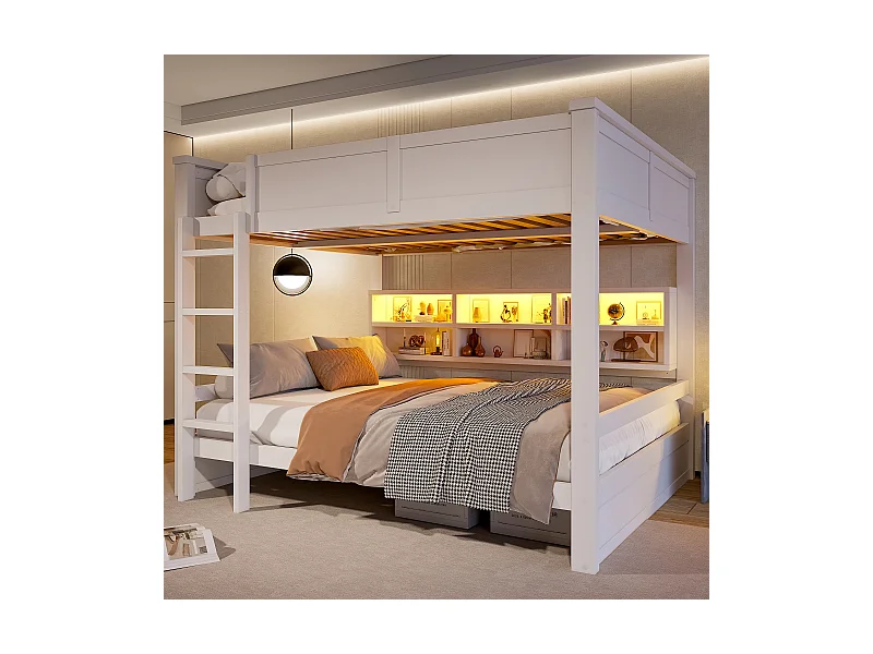 Lit superposés pour enfant - 2 x 160 x 200 cm -  avec étagère de rangements et Leds - MDF - blanc