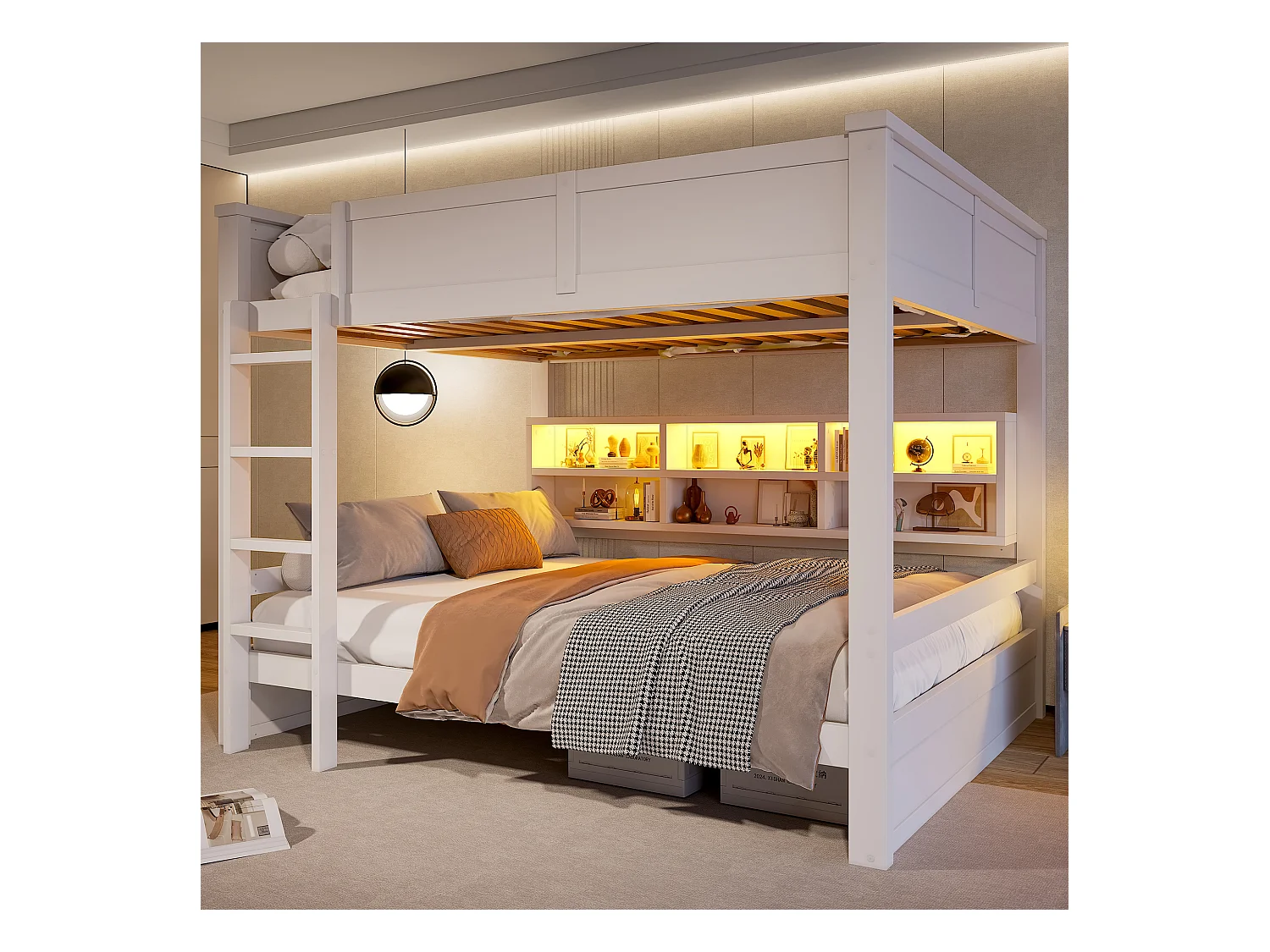 Lit superposés pour enfant - 2 x 160 x 200 cm -  avec étagère de rangements et Leds - MDF - blanc