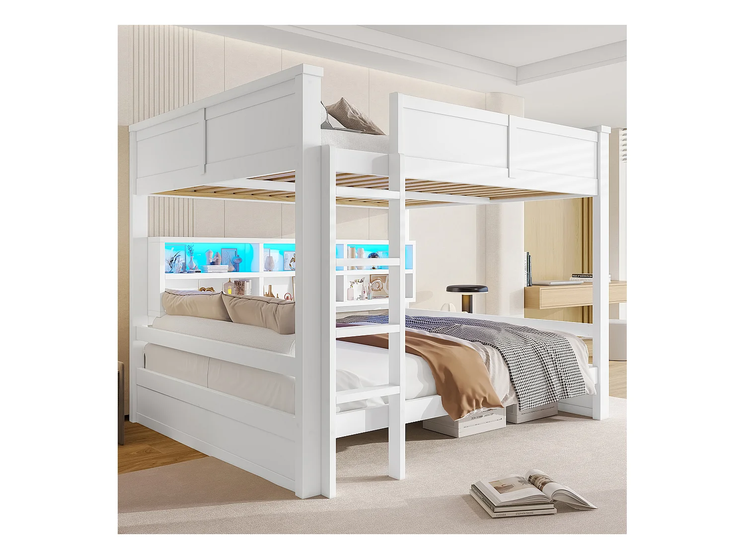 Lit superposés pour enfant - 2 x 160 x 200 cm -  avec étagère de rangements et Leds - MDF - blanc