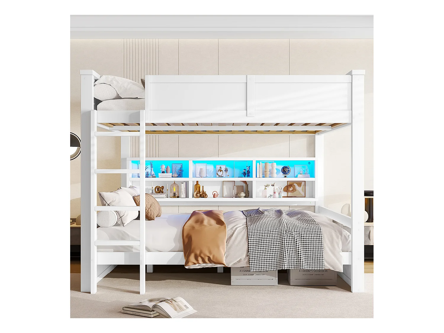 Lit superposés pour enfant - 2 x 160 x 200 cm -  avec étagère de rangements et Leds - MDF - blanc