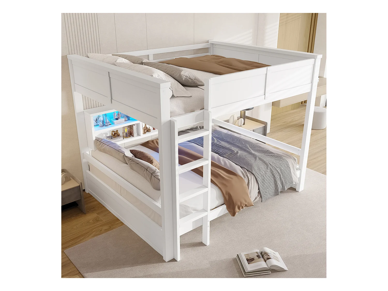 Lit superposés pour enfant - 2 x 160 x 200 cm -  avec étagère de rangements et Leds - MDF - blanc