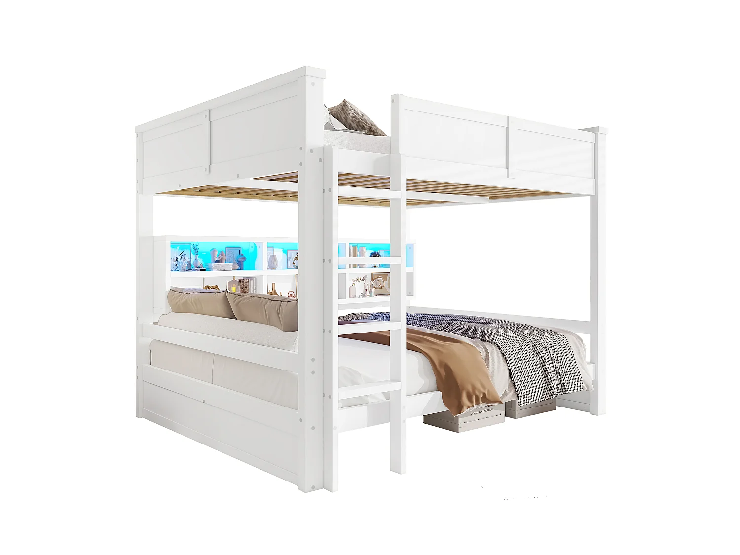 Lit superposés pour enfant - 2 x 160 x 200 cm -  avec étagère de rangements et Leds - MDF - blanc