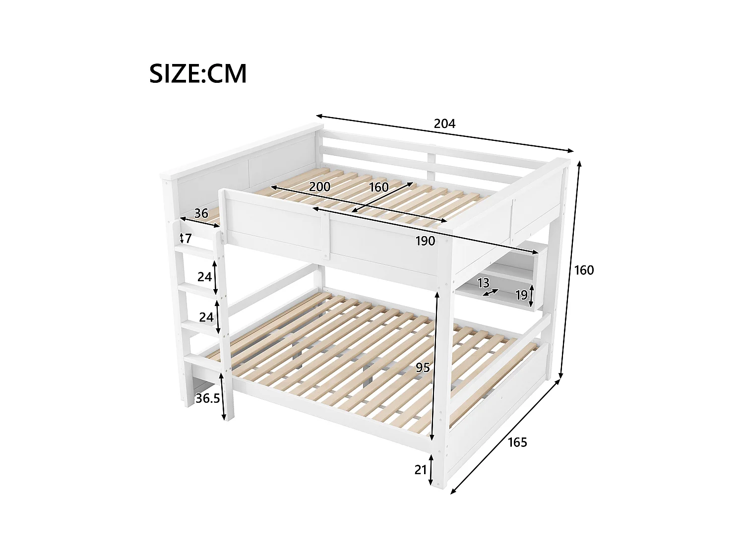 Lit superposés pour enfant - 2 x 160 x 200 cm -  avec étagère de rangements et Leds - MDF - blanc