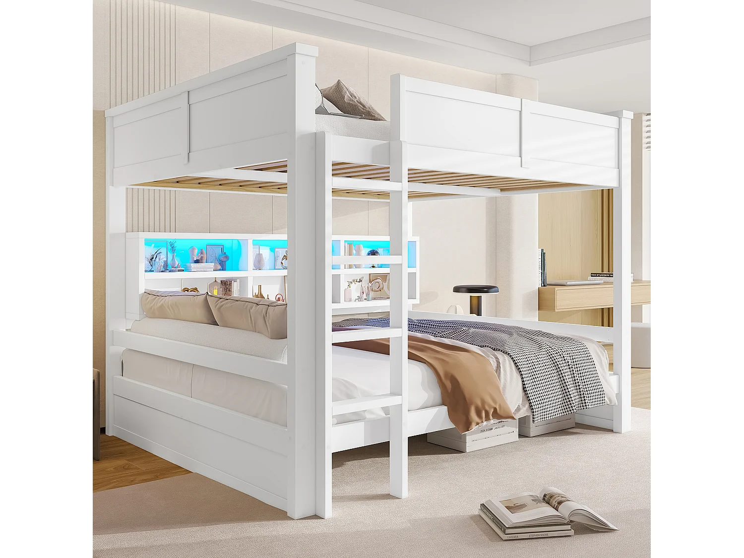 Lit superposés pour enfant - 2 x 160 x 200 cm -  avec étagère de rangements et Leds - MDF - blanc