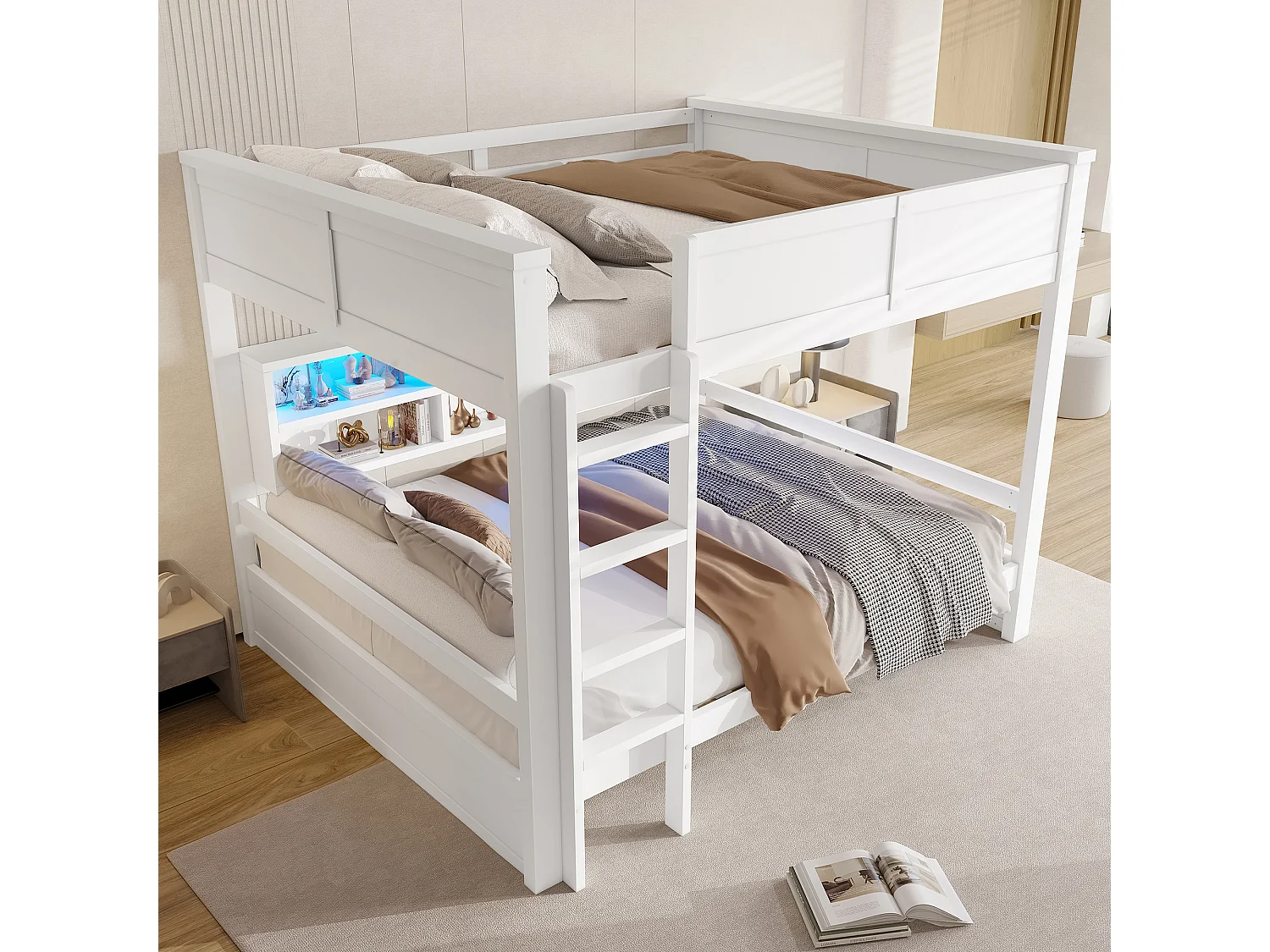 Lit superposés pour enfant - 2 x 160 x 200 cm -  avec étagère de rangements et Leds - MDF - blanc