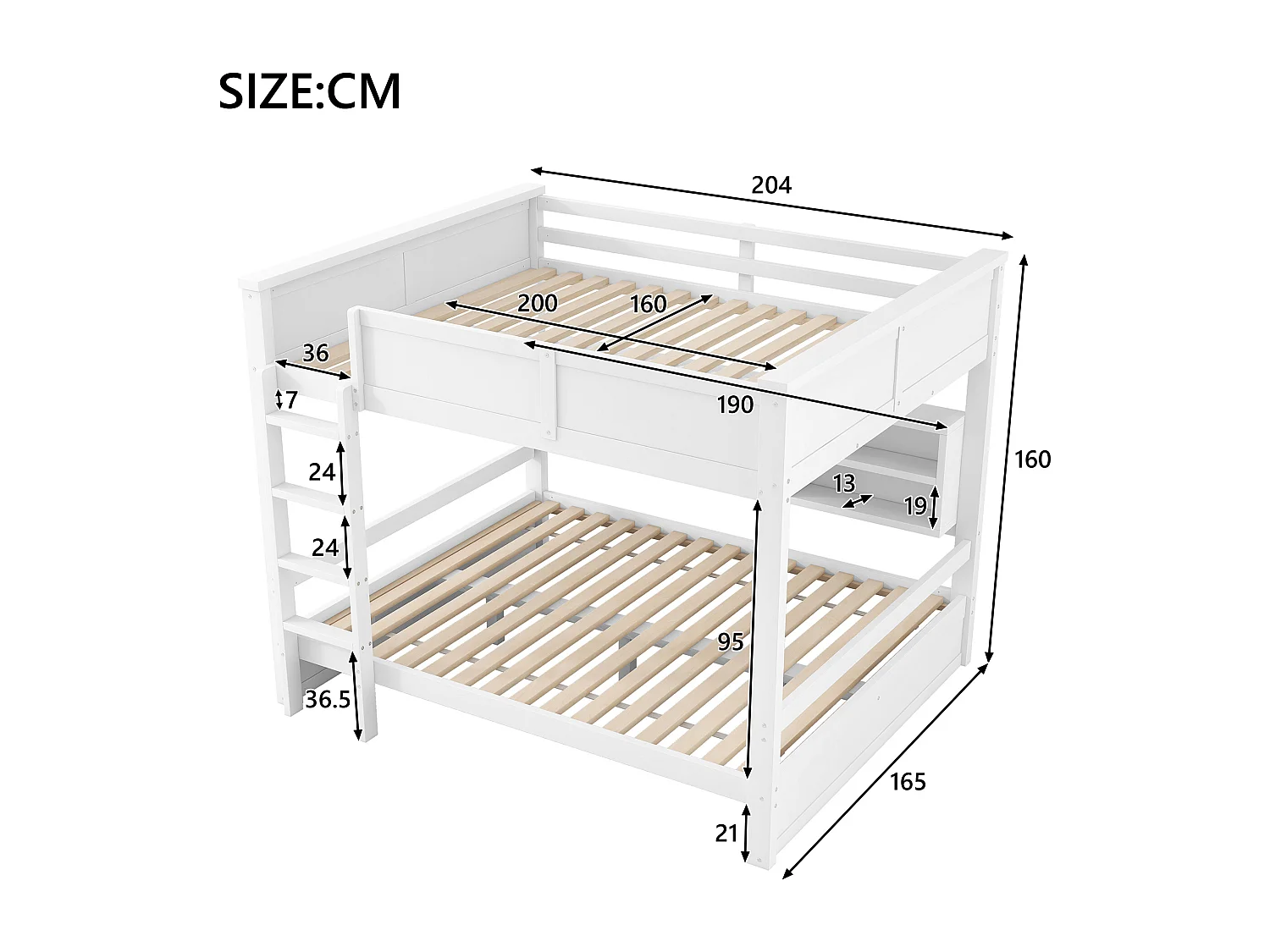 Lit superposés pour enfant - 2 x 160 x 200 cm -  avec étagère de rangements et Leds - MDF - blanc