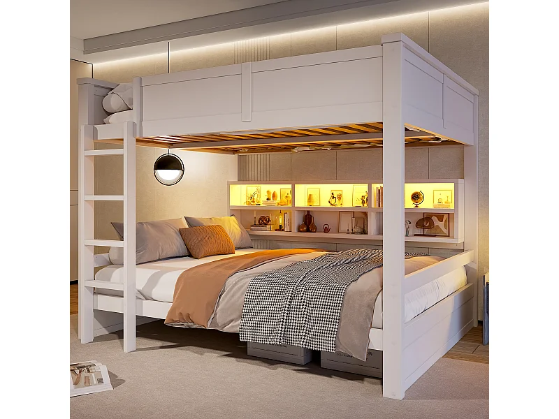 Podświetlana, nakładana, dla dzieci - 2 x 160 x 200 cm - z kuchenkami i oświetleniem LED - MDF - biały