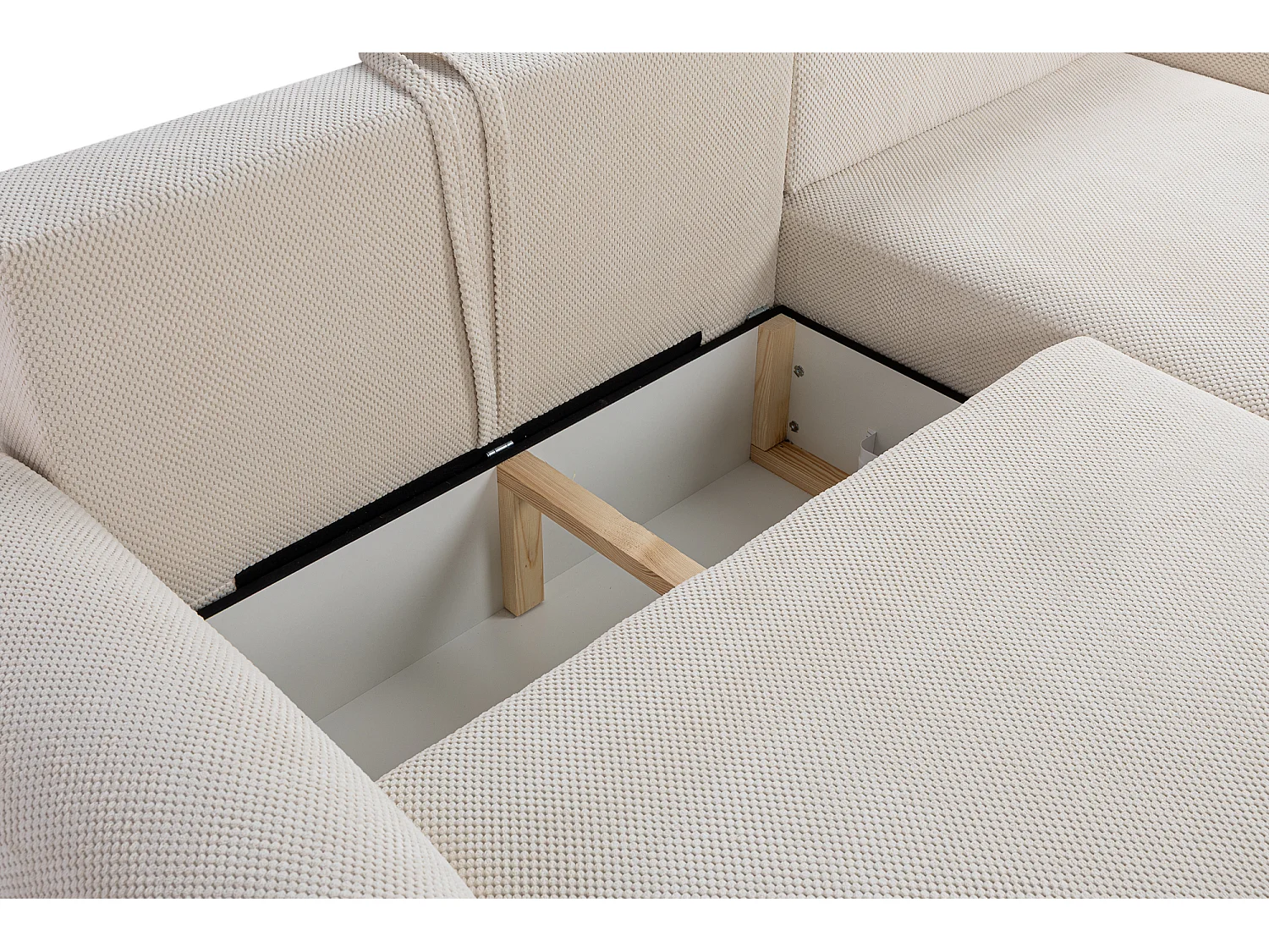 Canapé d'Angle droit avec fonction de couchage Noboo coffre en beige direct fabricant, livraison et installation offertes