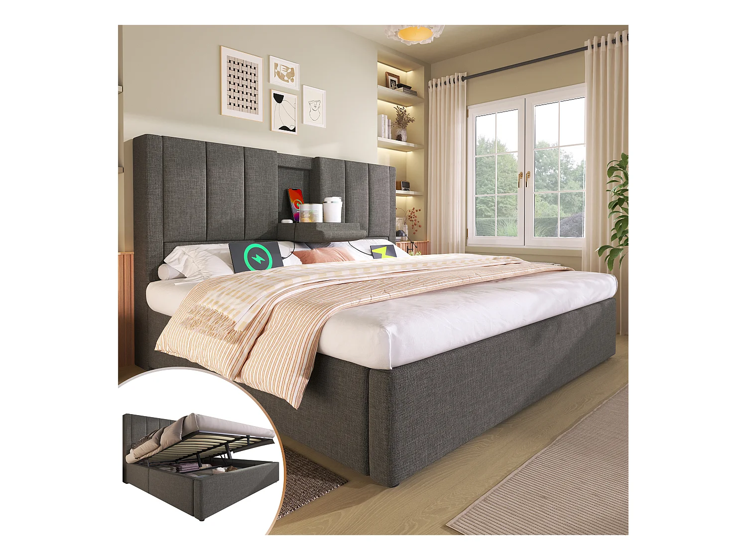 Lit coffre rembourré double - 140 x 200 cm - avec porte-gobelet caché et station de charge - lin - gris