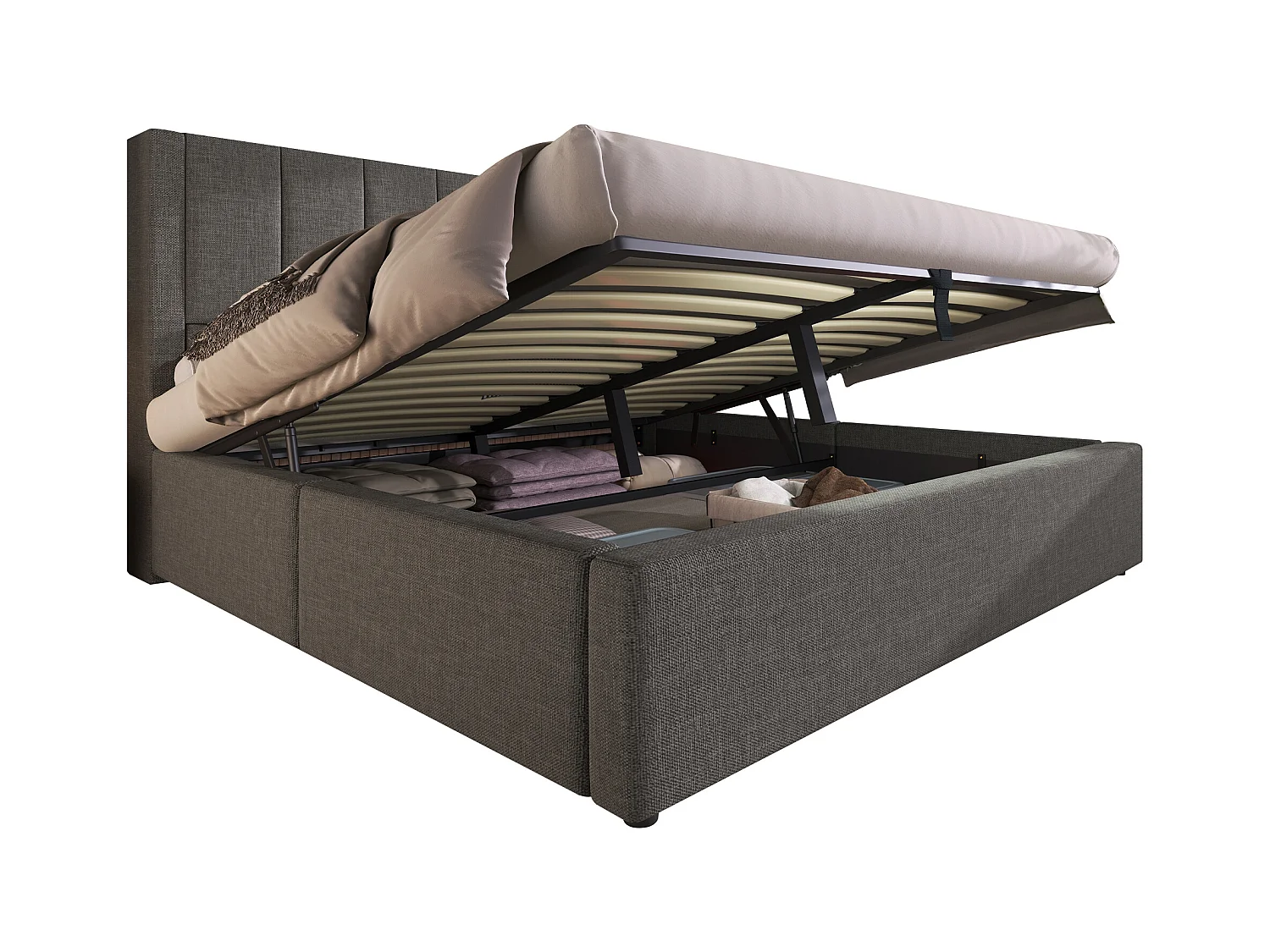 Lit coffre rembourré double - 140 x 200 cm - avec porte-gobelet caché et station de charge - lin - gris