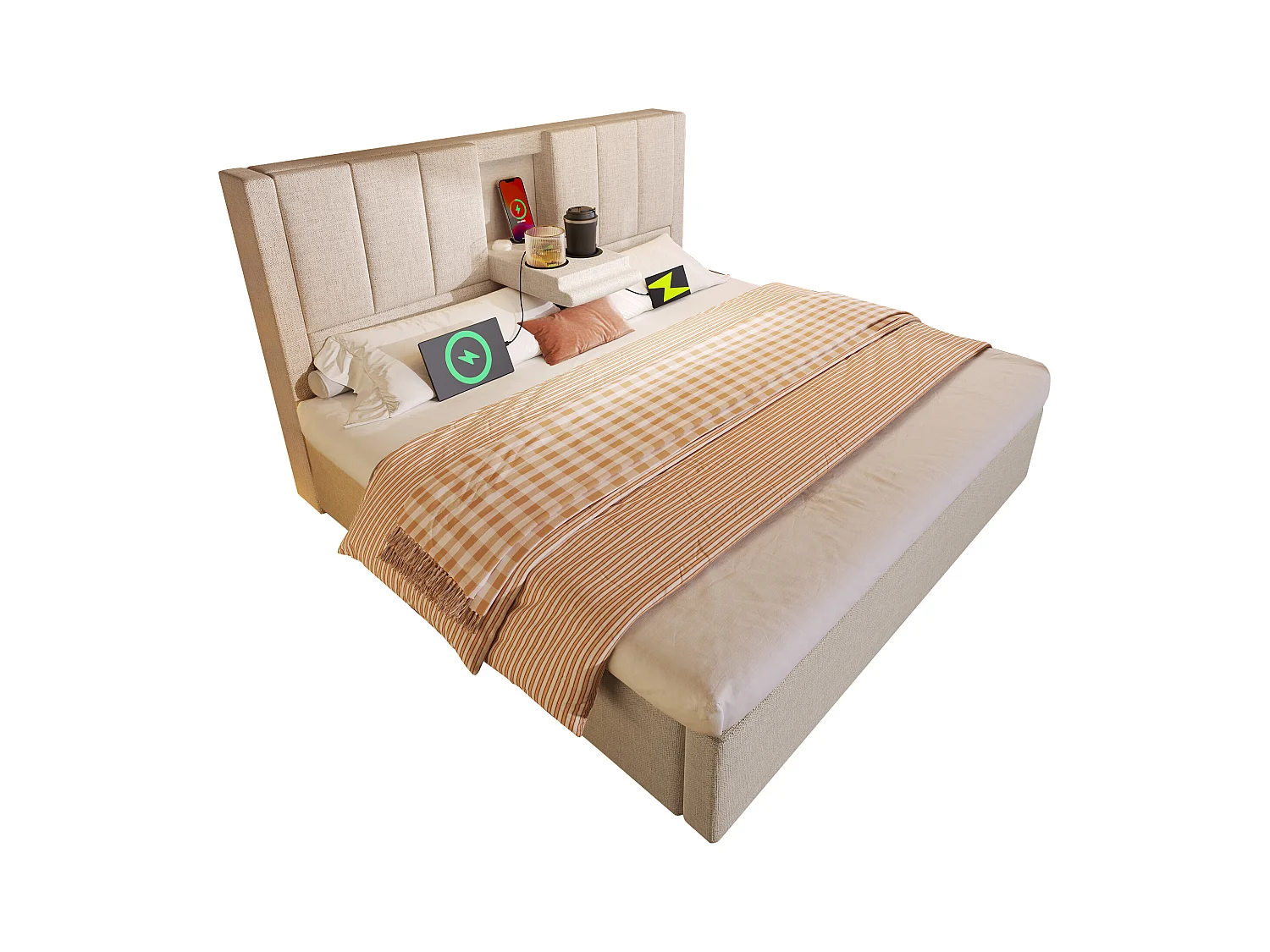 Gestoffeerd tweepersoonsbed met opbergruimte - 180 x 200 cm - met verborgen bekerhouder en oplaadstation - linnen - beige