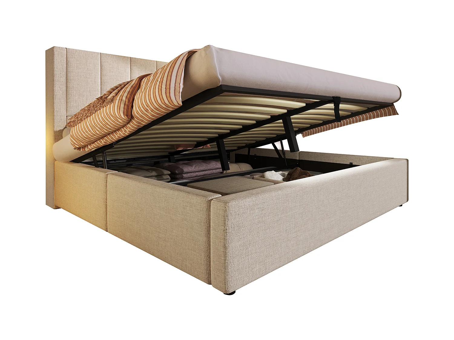 Gestoffeerd tweepersoonsbed met opbergruimte - 180 x 200 cm - met verborgen bekerhouder en oplaadstation - linnen - beige