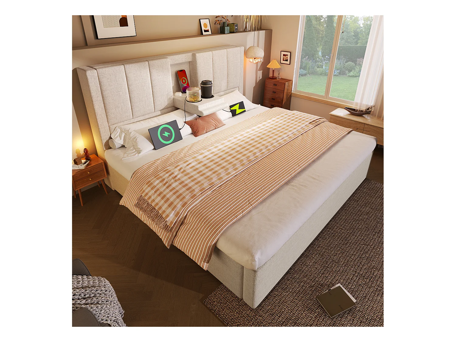 Gestoffeerd tweepersoonsbed met opbergruimte - 180 x 200 cm - met verborgen bekerhouder en oplaadstation - linnen - beige