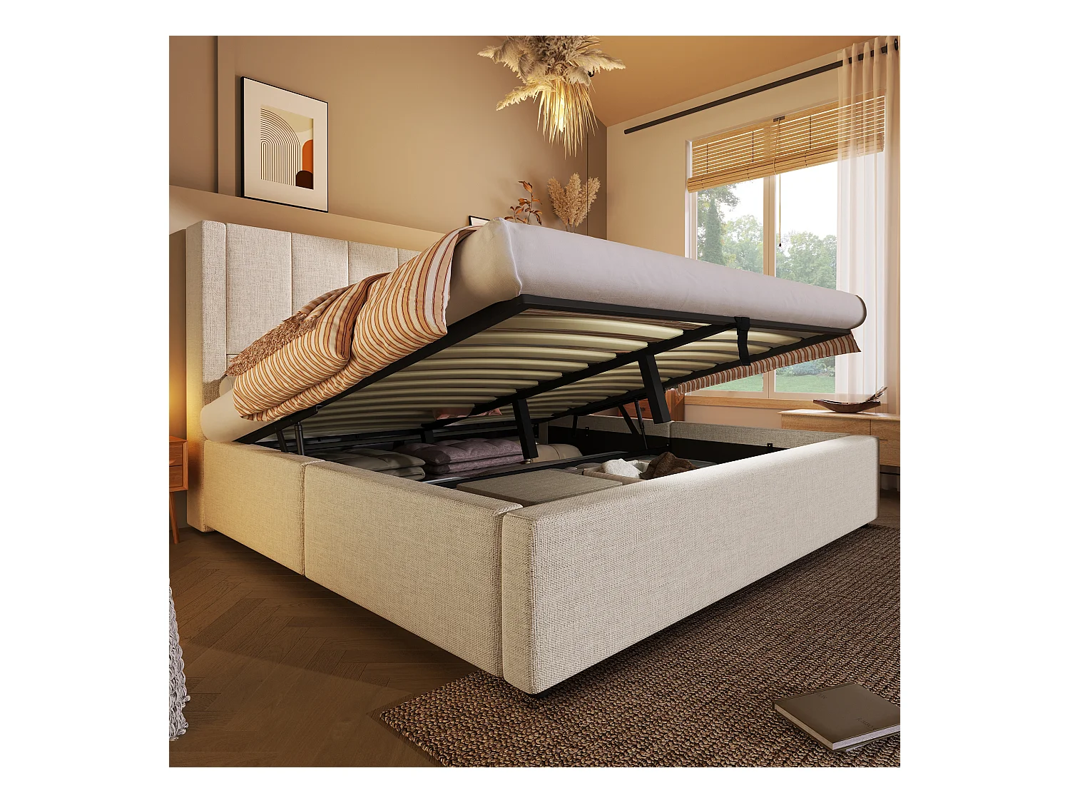 Gestoffeerd tweepersoonsbed met opbergruimte - 180 x 200 cm - met verborgen bekerhouder en oplaadstation - linnen - beige