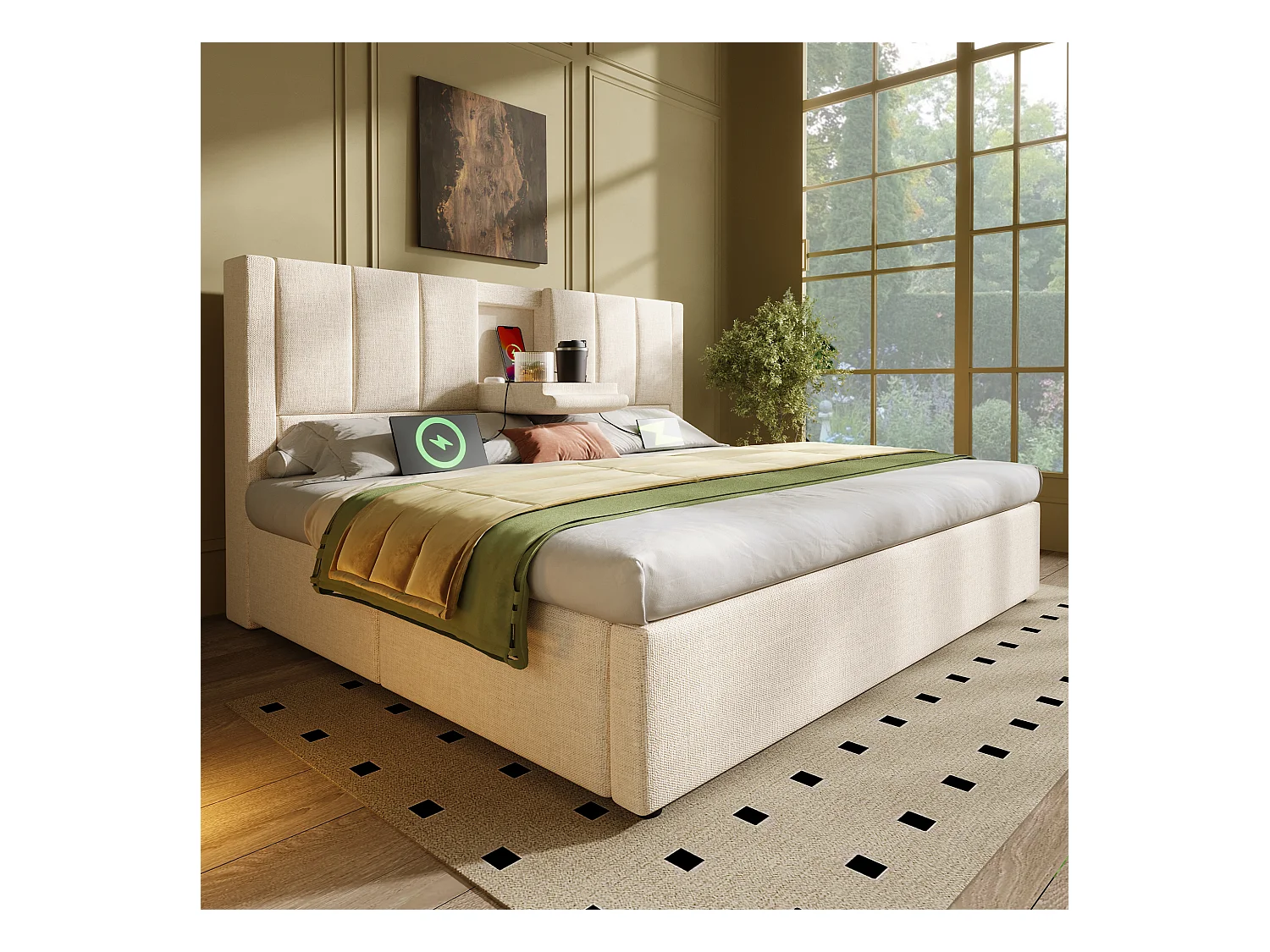 Gestoffeerd tweepersoonsbed met opbergruimte - 180 x 200 cm - met verborgen bekerhouder en oplaadstation - linnen - beige